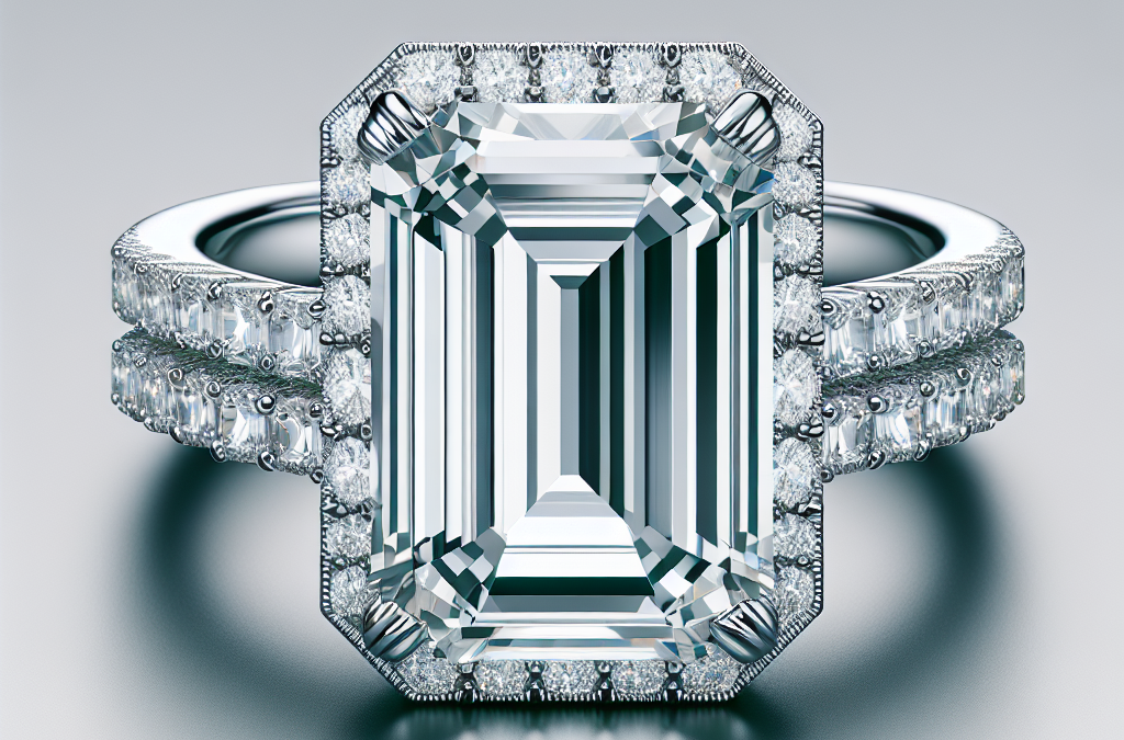 What are design features of an emerald cut engagement ring with diamond?