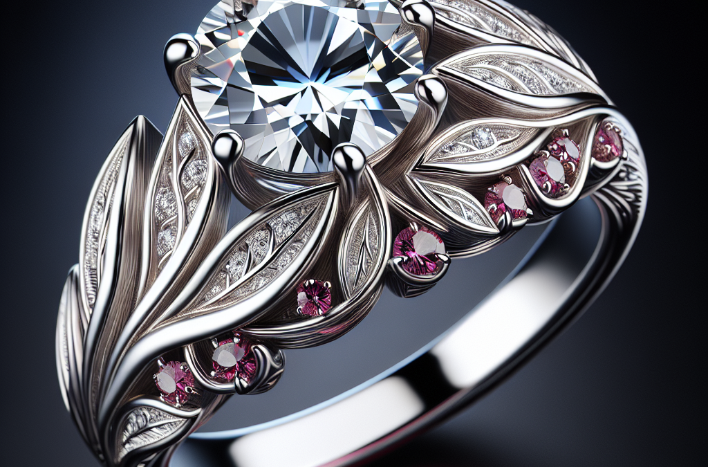 What design details make a diamond and pink engagement ring unique?